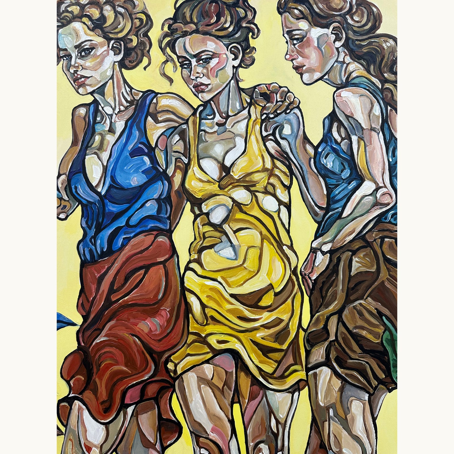 One of a kind acrylic painting by Noemi Safir featuring a trio of women, earthy red and brown garments, and vivid yellow background