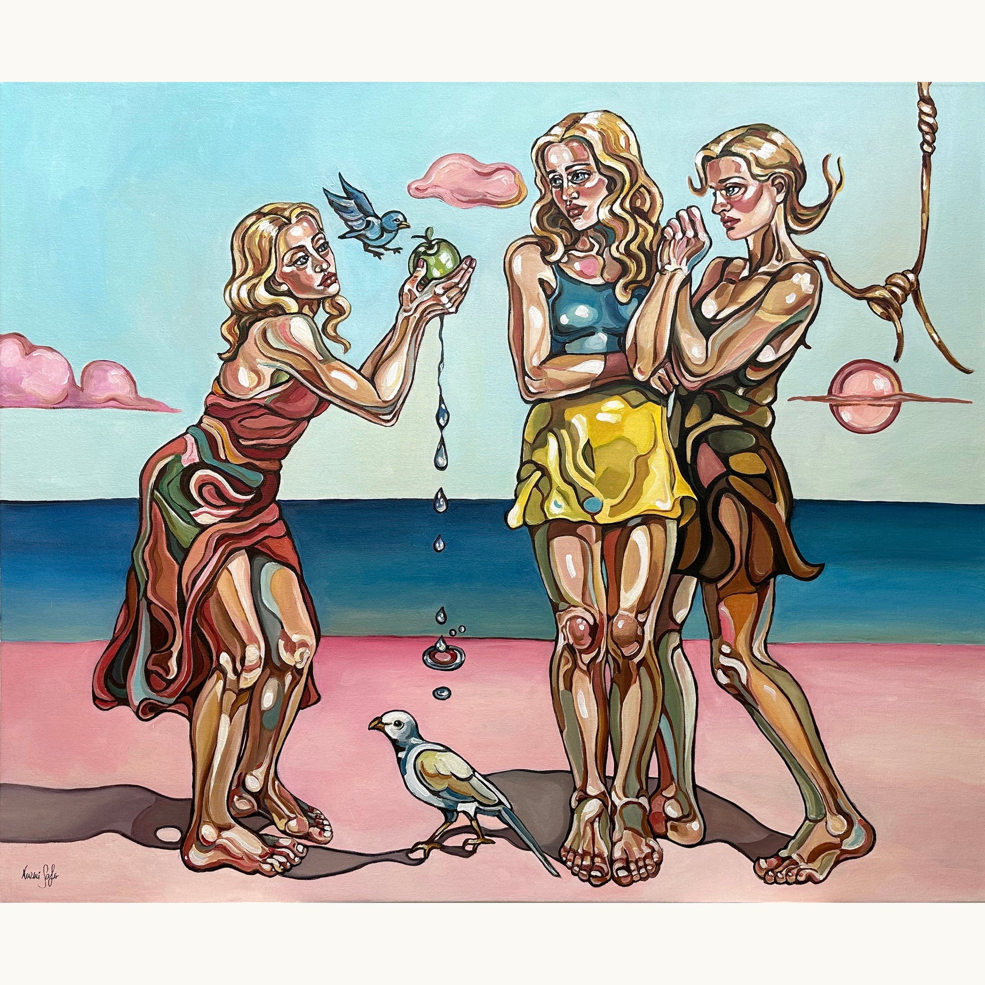 Original painting How High Do You Want to Fly by Noemi Safir, acrylic on canvas with three female figures in a symbolic seascape