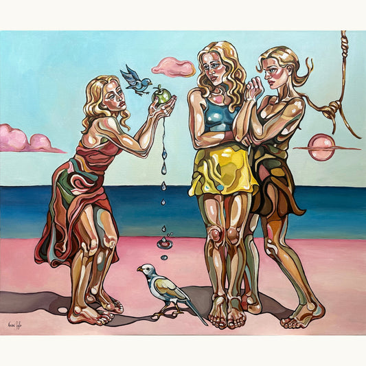 Original painting How High Do You Want to Fly by Noemi Safir, acrylic on canvas with three female figures in a symbolic seascape