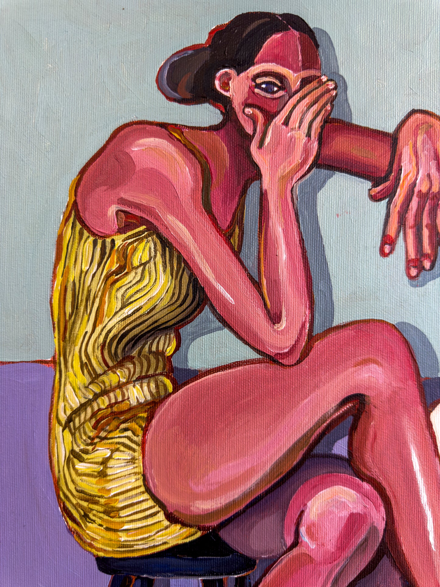 Noemi Safir contemporary figurative painting Our Little Secret, showing two female figures, an open book, covered mouth, and symbolic storytelling about hidden truth.