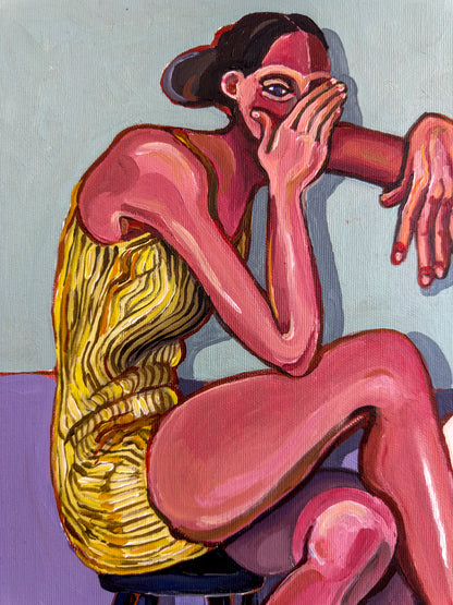 Noemi Safir contemporary figurative painting Our Little Secret, showing two female figures, an open book, covered mouth, and symbolic storytelling about hidden truth.