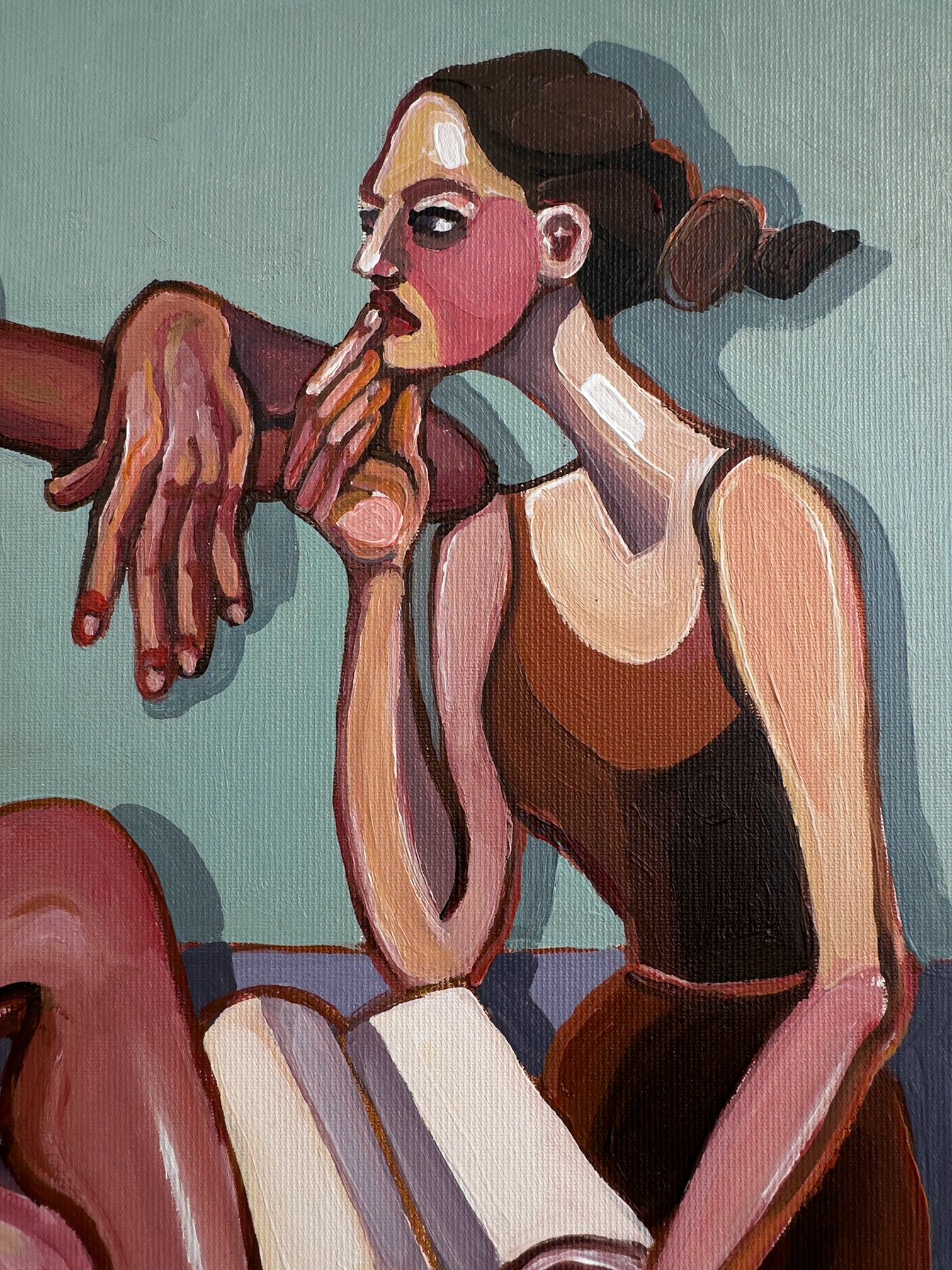 Our Little Secret original acrylic on canvas by Noemi Safir, created for collectors drawn to emotional figurative art, feminine intimacy, psychological truth, and beauty with meaning.