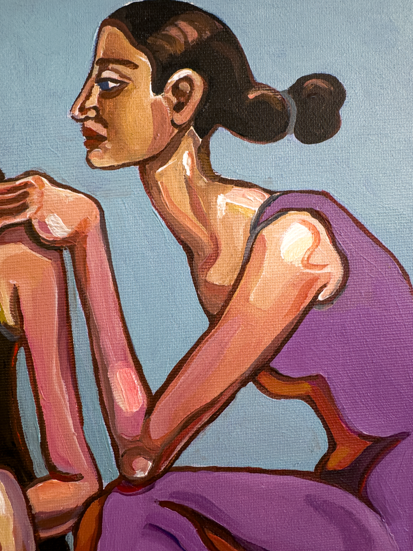 Noemi Safir Purple Pressure original painting, a highly collectible contemporary figurative art conveying women's emotional pressure, feminine intimacy, dependency, and psychological boundaries.