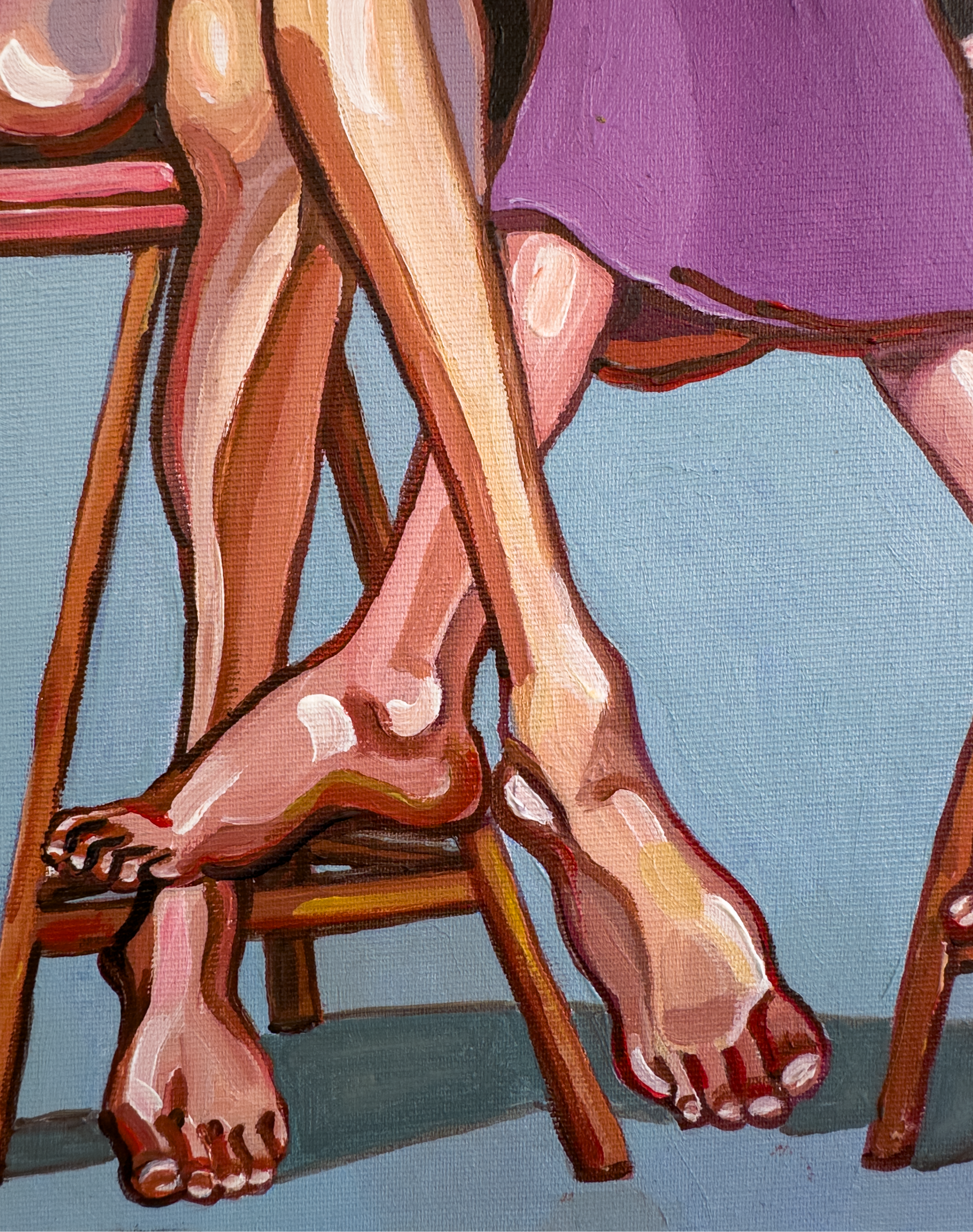 Purple Pressure original acrylic on canvas by Noemi Safir, a symbolic figurative painting about attention, dependency, emotional tension, and the quiet force of another presence.