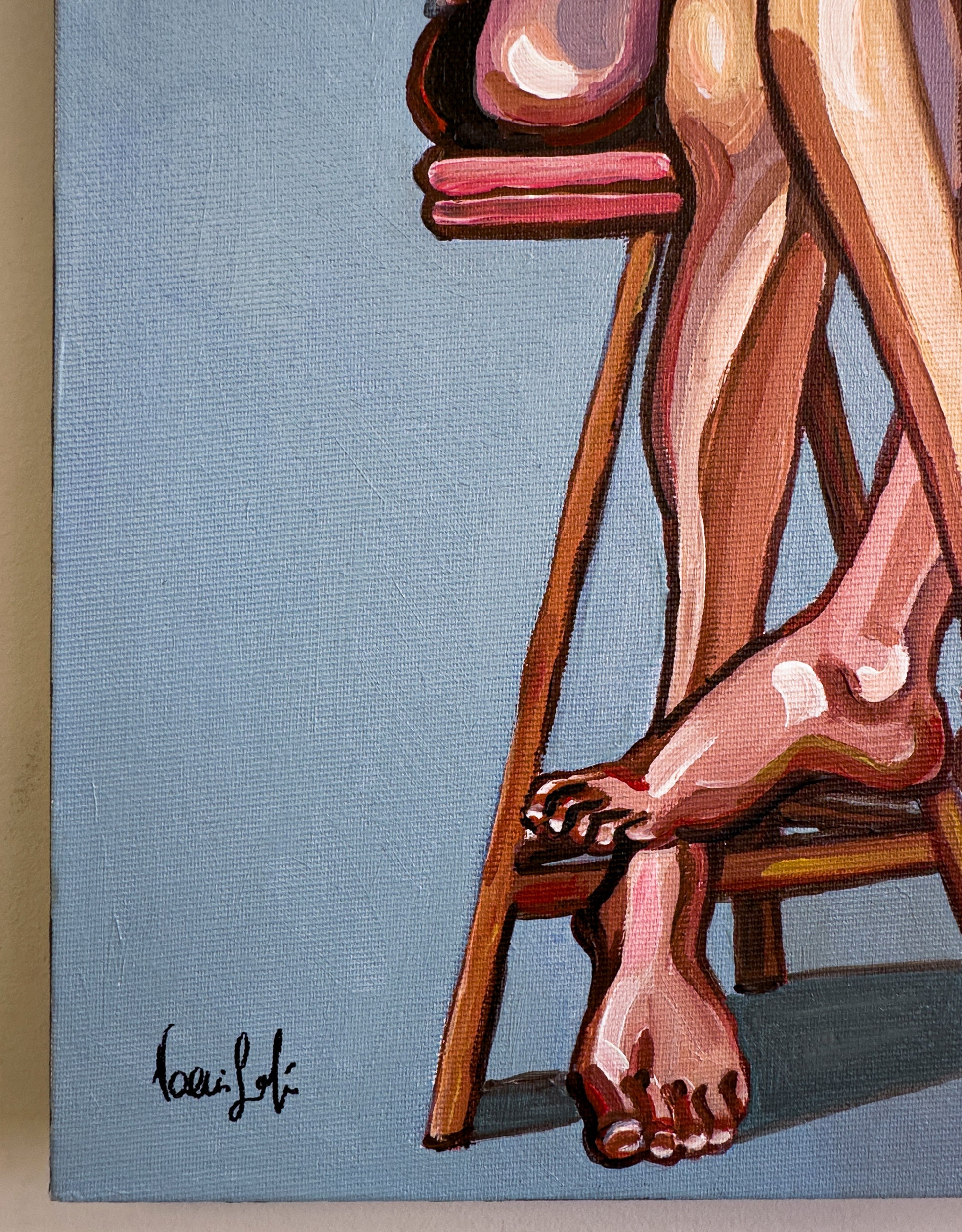 Purple Pressure by Noemi Safir, original painting from the series Drama Looks Good on Us, showing two women in a charged moment of closeness and emotional pressure.