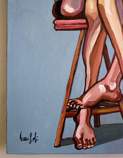 Purple Pressure by Noemi Safir, original painting from the series Drama Looks Good on Us, showing two women in a charged moment of closeness and emotional pressure.