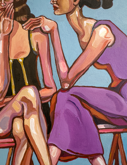 Highly collectible original painting Purple Pressure by Noemi Safir, exploring feminine identity, emotional pressure, intimate relationships, and contemporary figurative art.