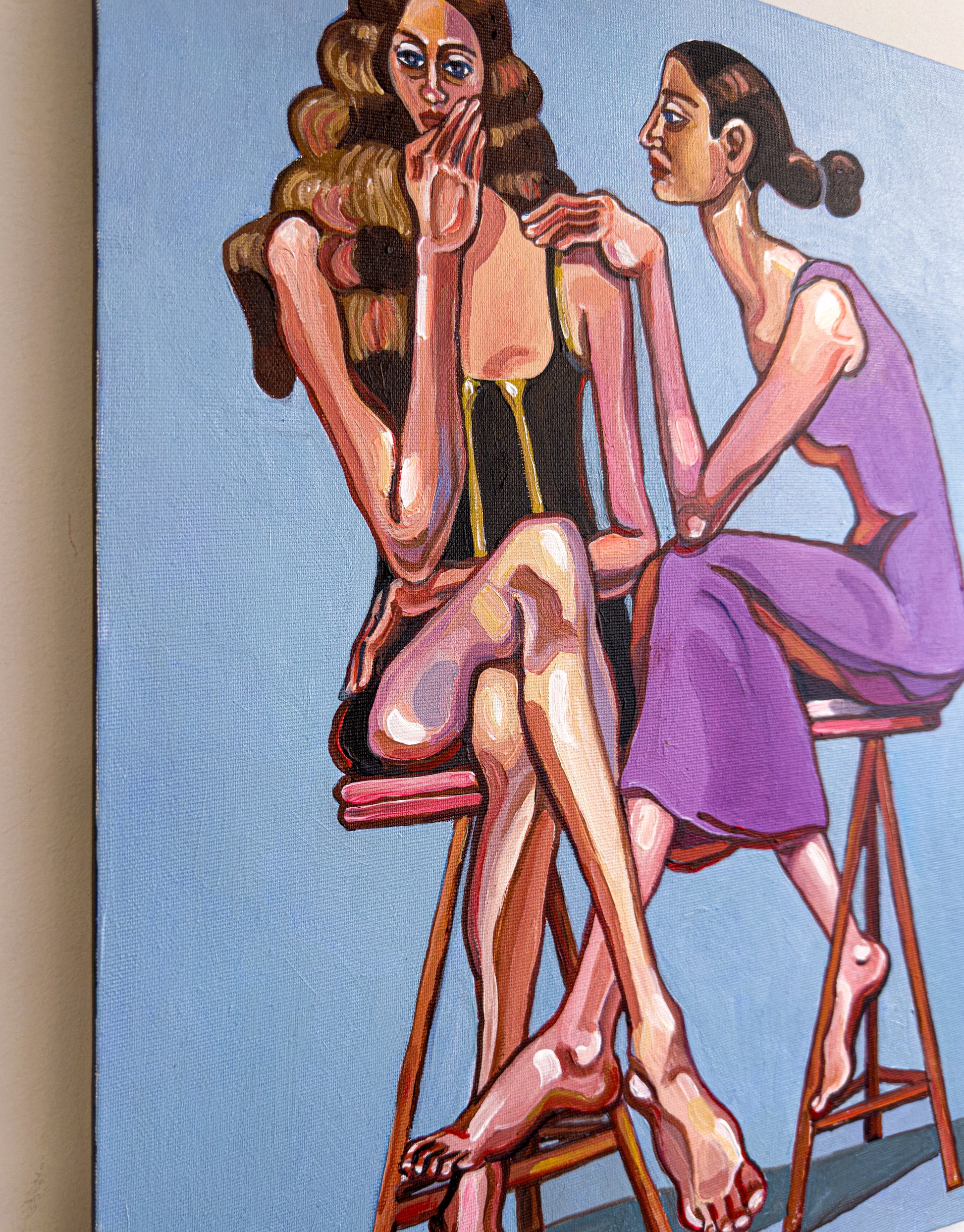 'Purple Pressure', original painting by Noemi Safir, from the series 'Drama Looks Good on Us', showing two women in an intimate moment of closeness and emotional pressure.