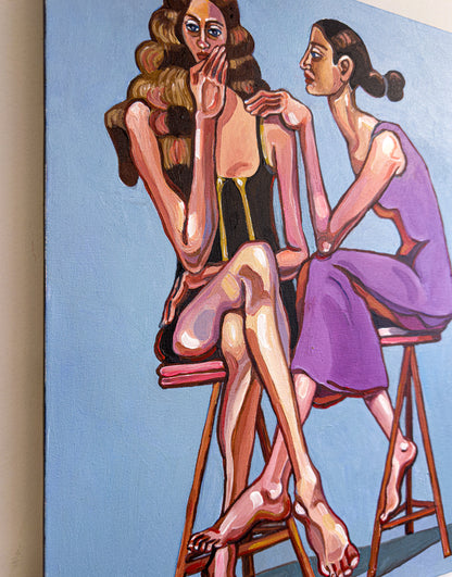 'Purple Pressure', original painting by Noemi Safir, from the series 'Drama Looks Good on Us', showing two women in an intimate moment of closeness and emotional pressure.