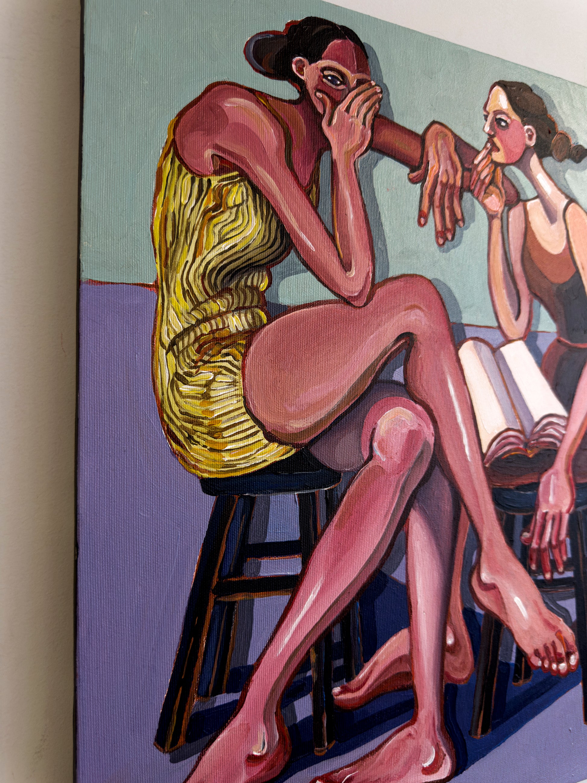 Our Little Secret by Noemi Safir, original painting from the series Drama Looks Good on Us, featuring two women in a private emotional exchange where silence becomes visible.