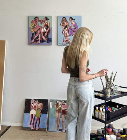 Artist Noemi Safir in her art studio, with a new body of work exploring women intimacy and relationships through expressive figures, intimate gestures and psychologically charged compositions.