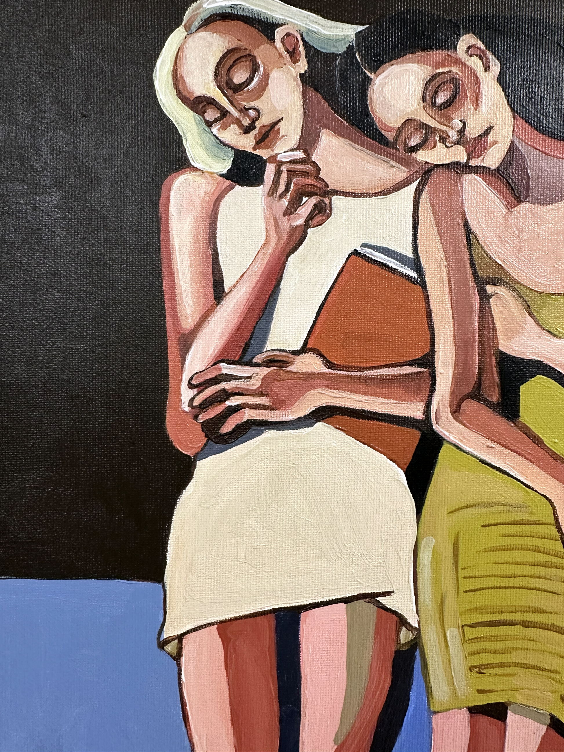 Noemi Safir contemporary figurative painting Soft Addiction, featuring elongated female figures, soft closeness, symbolic body language, and the emotional blur between comfort and need.