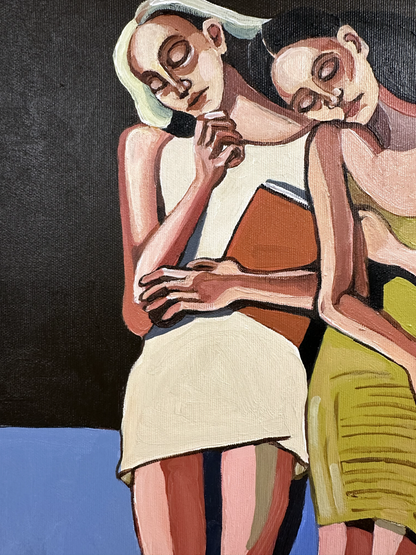 Noemi Safir contemporary figurative painting Soft Addiction, featuring elongated female figures, soft closeness, symbolic body language, and the emotional blur between comfort and need.