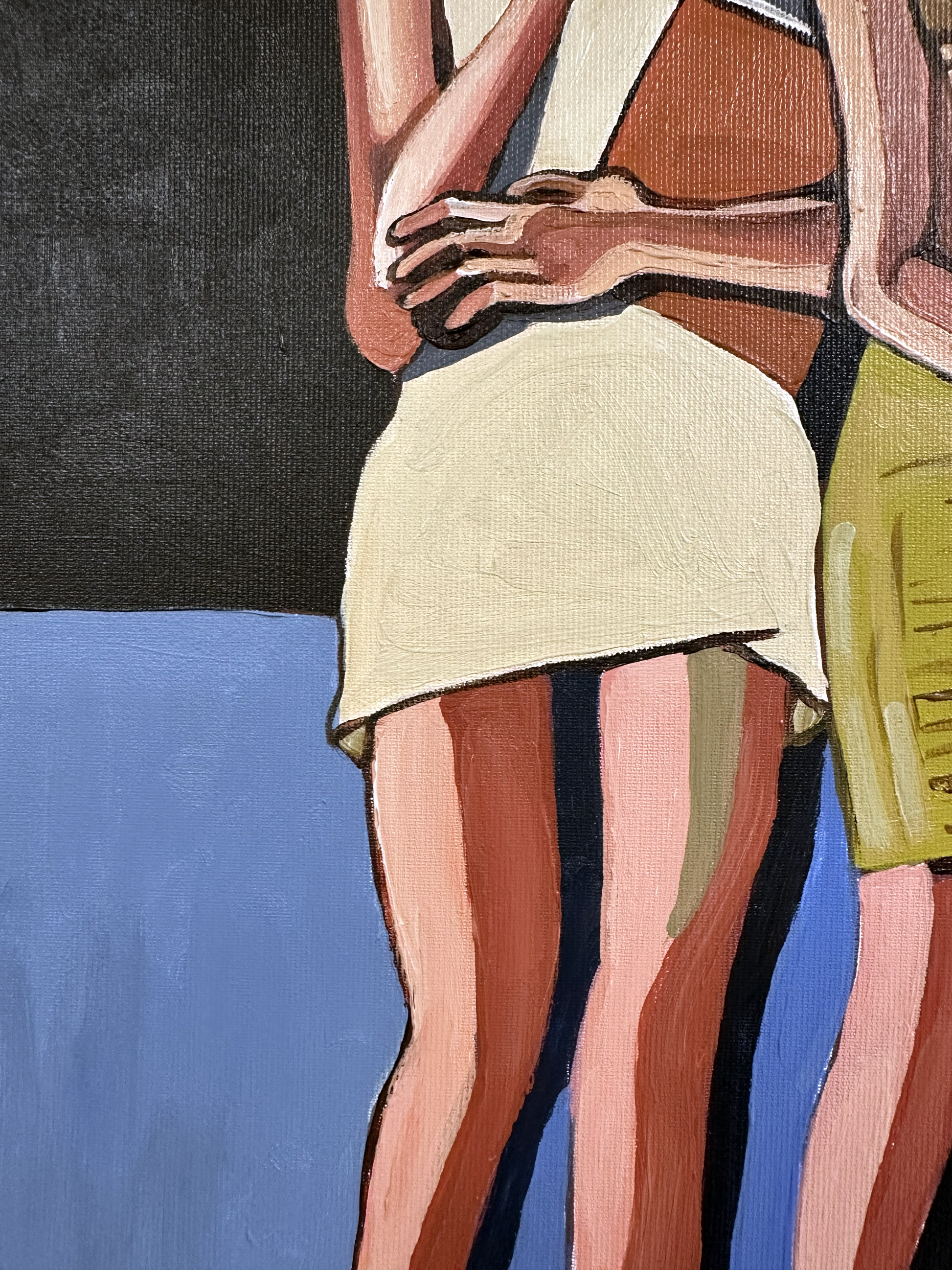 Contemporary figurative art by Israeli artist Noemi Safir titled Soft Addiction, created for collectors drawn to emotional storytelling, symbolic figures, and beauty with meaning.