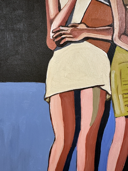 Contemporary figurative art by Israeli artist Noemi Safir titled Soft Addiction, created for collectors drawn to emotional storytelling, symbolic figures, and beauty with meaning.