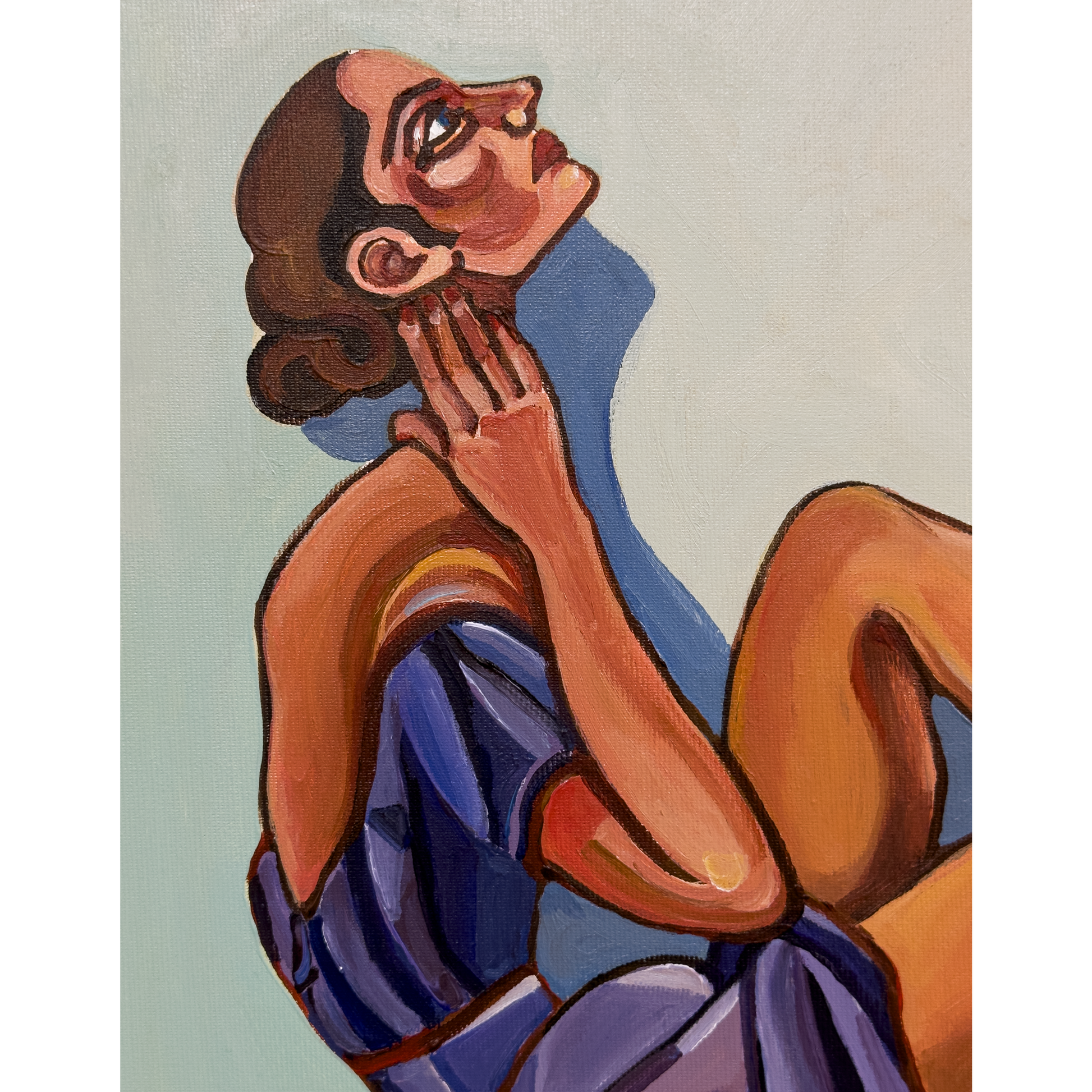 Noemi Safir original painting High Maintenance, showing elongated female figures, expressive body language, sharp shadows, and symbolic storytelling about intimacy and emotional pressure.