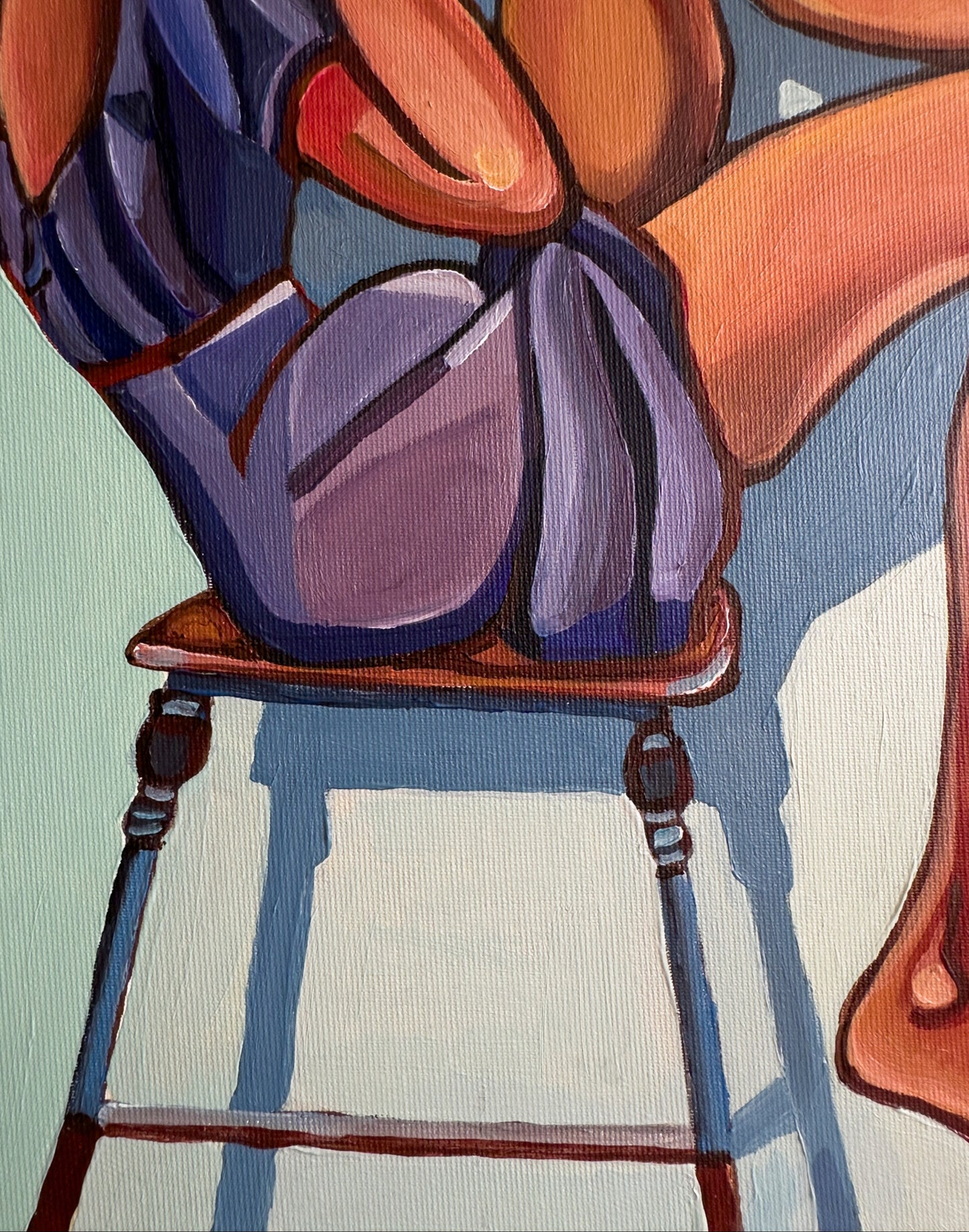 High Maintenance by Israeli contemporary artist Noemi Safir, a symbolic figurative painting with bold color and two female figures caught between tenderness, pressure, and emotional need.