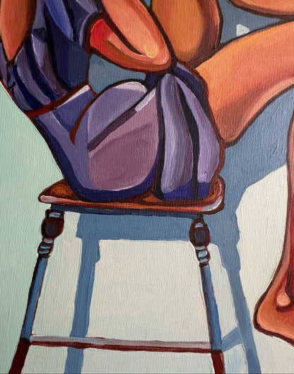 High Maintenance by Israeli contemporary artist Noemi Safir, a symbolic figurative painting with bold color and two female figures caught between tenderness, pressure, and emotional need.