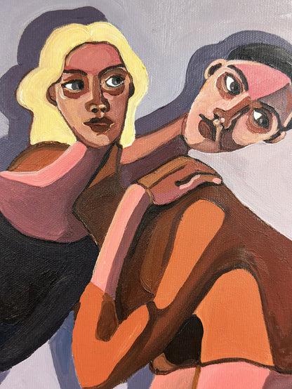 Love Overload by Noemi Safir, original painting from the series Drama Looks Good on Us, showing two women physically entangled in a charged emotional relationship.