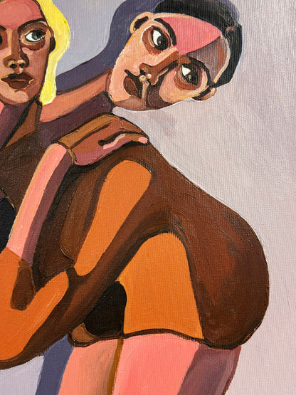 Noemi Safir contemporary figurative painting Love Overload, featuring elongated female figures, expressive distortion, bold contrast, and symbolic body language about love and pressure.
