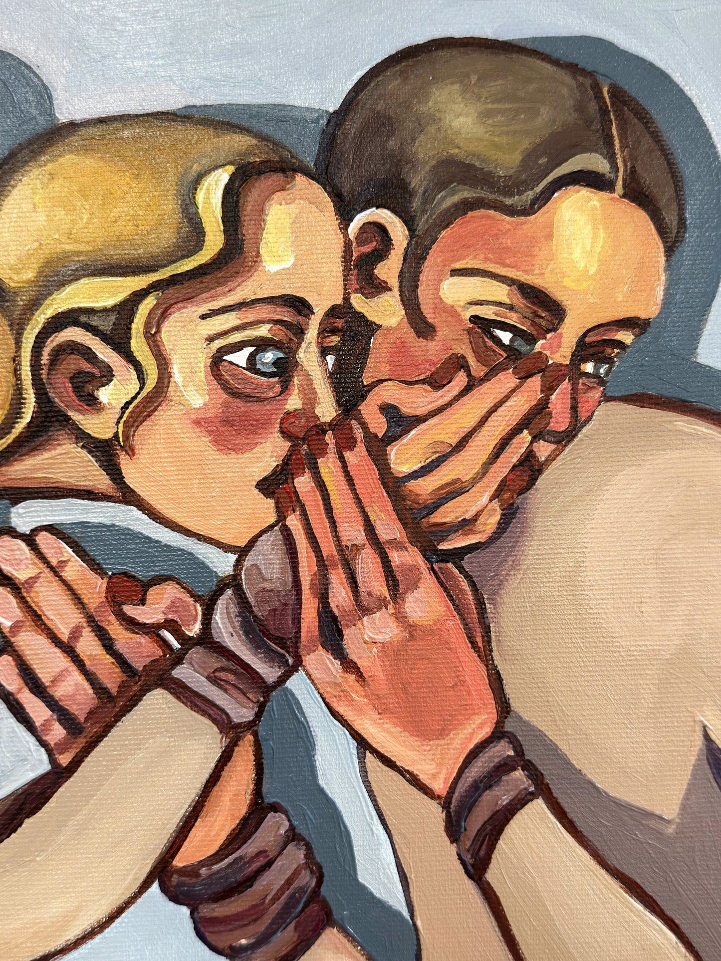 Personal Space by Noemi Safir, original painting from the series Drama Looks Good on Us, featuring two women in a charged moment between closeness and emotional invasion.
