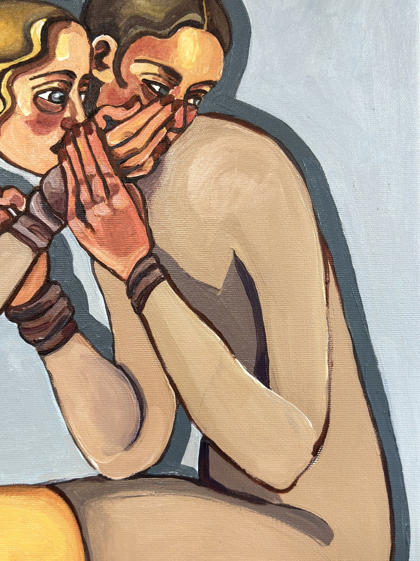 Noemi Safir women painting Personal Space, exploring the moment when care, attention, and closeness begin to feel overwhelming and the body asks for air.