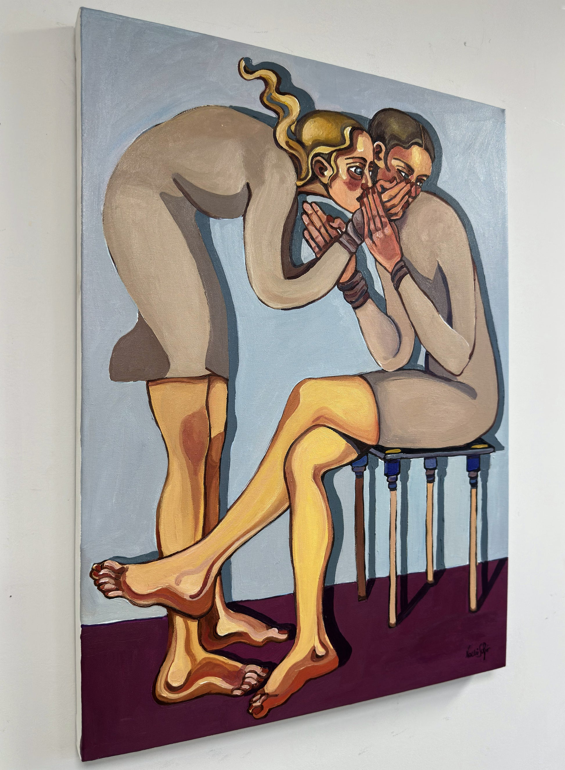 Personal Space original acrylic on canvas by Noemi Safir, a symbolic figurative painting about intimacy, dependency, emotional pressure, and the fragile boundary between self and other.
