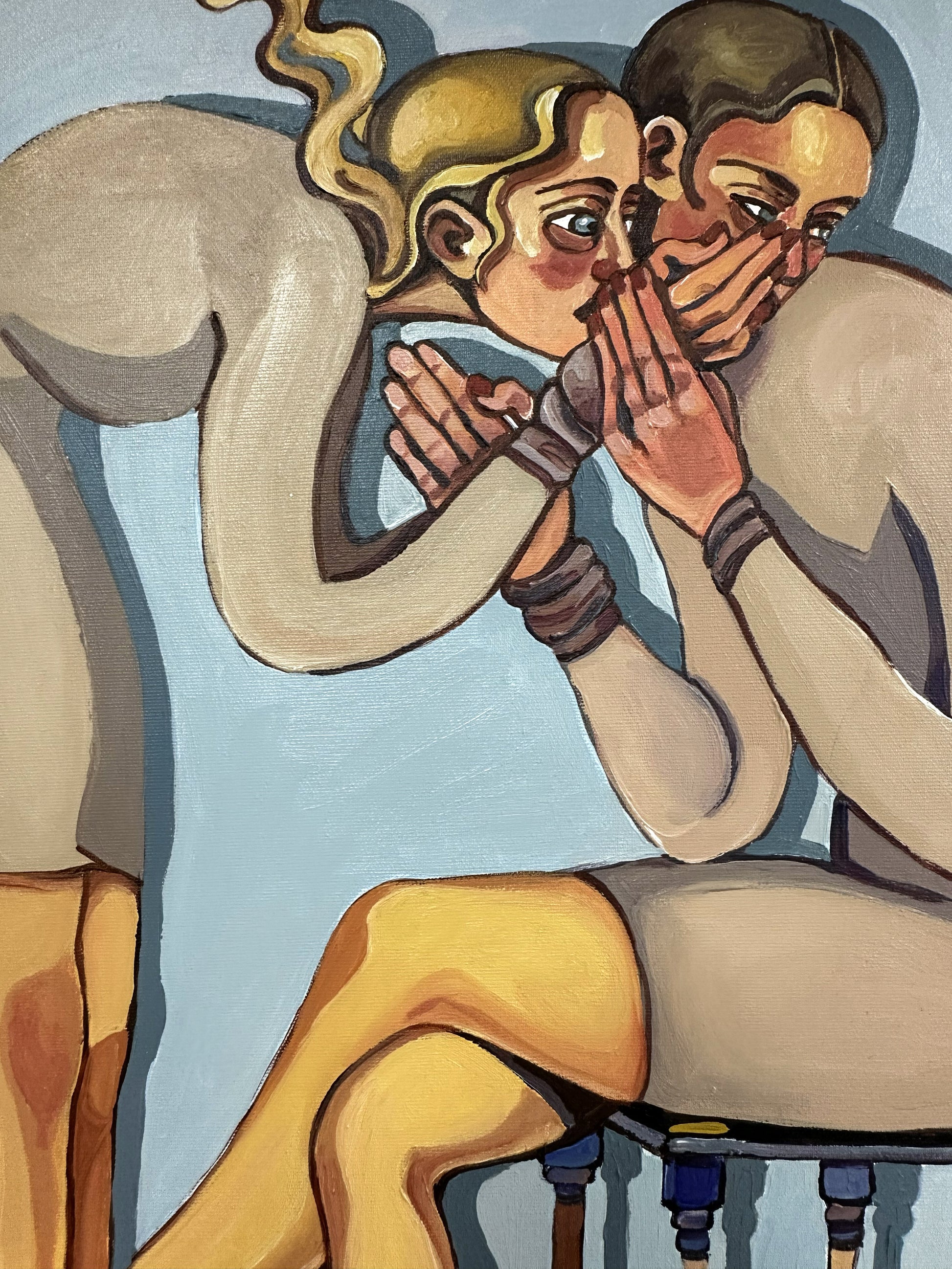Noemi Safir contemporary figurative painting Personal Space, showing elongated female figures, expressive body language, and symbolic storytelling about the need for emotional space.