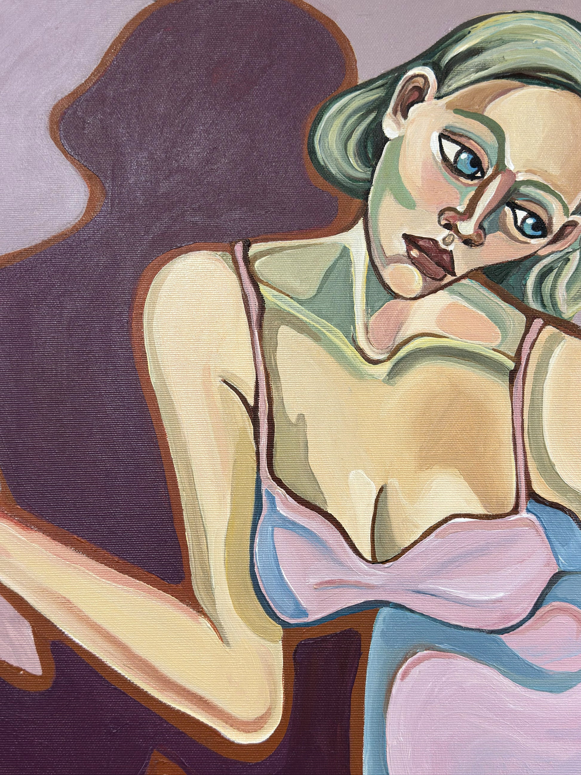 She Never Stepped In by Noemi Safir, original painting from Drama Looks Good on Us, featuring a woman in a pink slip dress standing inside a room while another woman watches from a blue doorway.