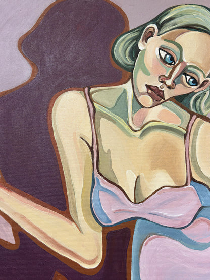 She Never Stepped In by Noemi Safir, original painting from Drama Looks Good on Us, featuring a woman in a pink slip dress standing inside a room while another woman watches from a blue doorway.