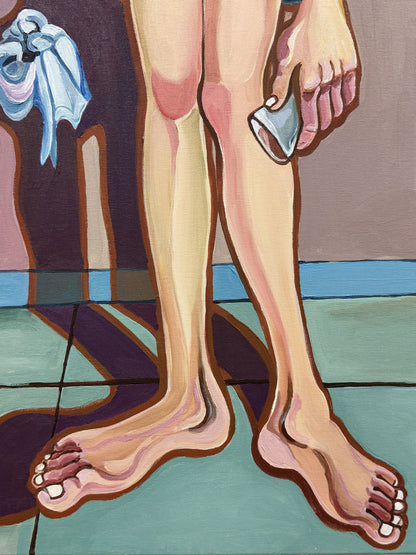 Contemporary figurative art by Israeli artist Noemi Safir titled She Never Stepped In, created for collectors drawn to women in art, emotional storytelling and beauty with meaning.