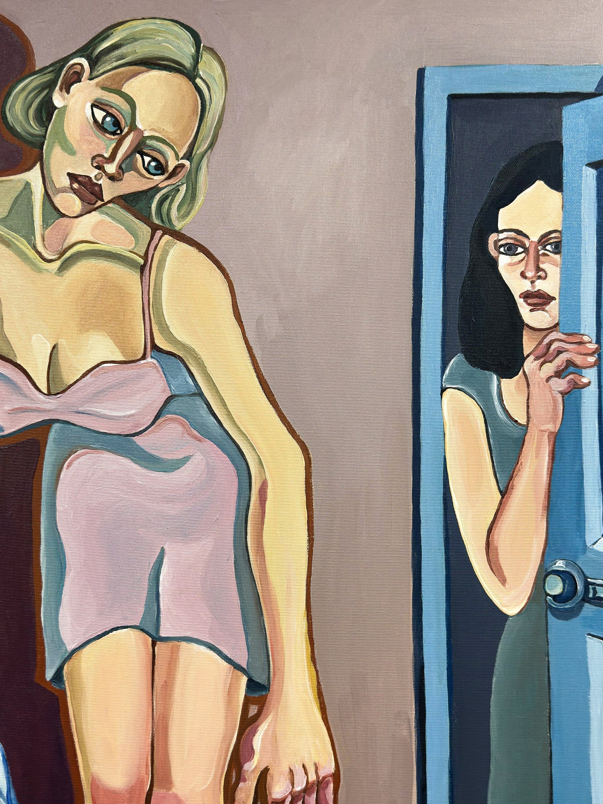 Highly collectible original painting She Never Stepped In by Noemi Safir, exploring emotional absence, feminine psychology, symbolic interior space and contemporary figurative art.