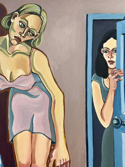 Highly collectible original painting She Never Stepped In by Noemi Safir, exploring emotional absence, feminine psychology, symbolic interior space and contemporary figurative art.