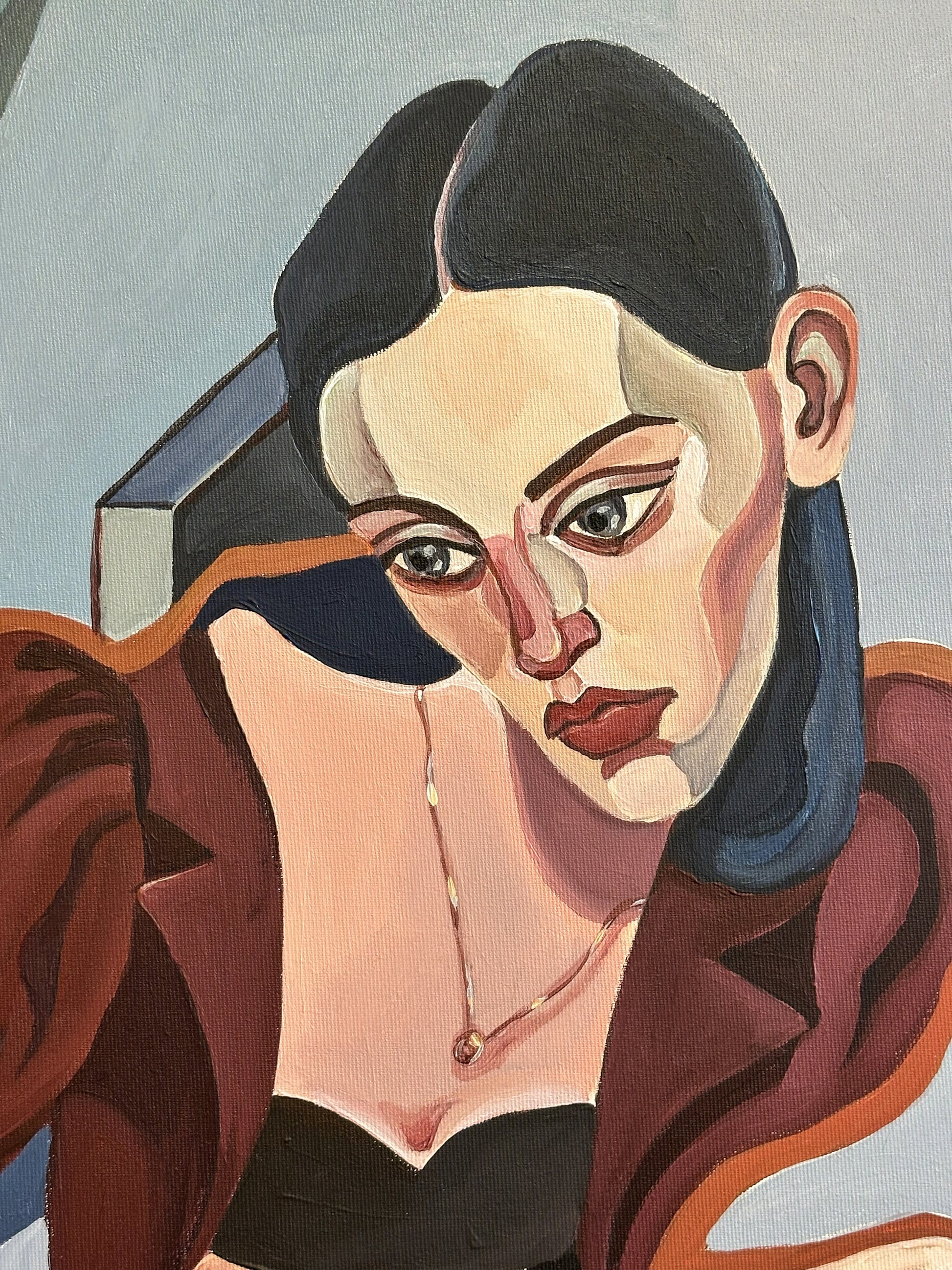 Noemi Safir contemporary figurative painting Between Rooms, showing one woman in a pink dress and another woman behind a blue wall in a scene of quiet separation.