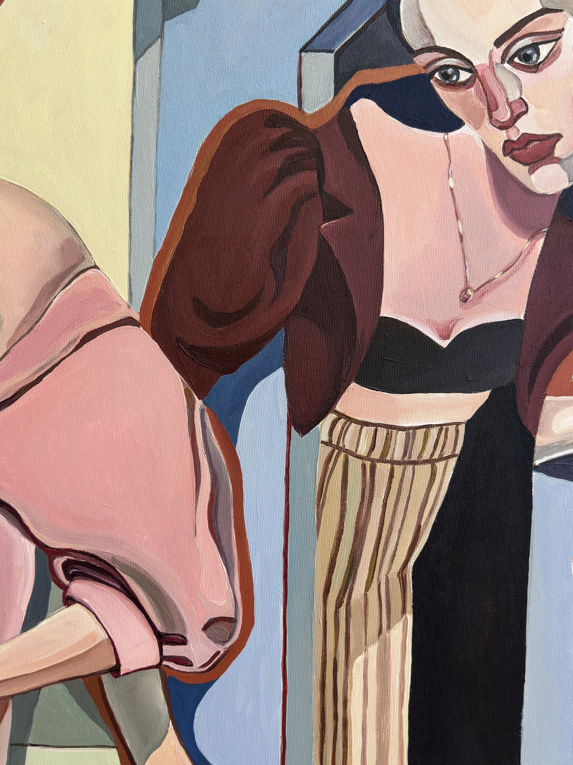 Highly collectible original painting Between Rooms by Noemi Safir, exploring women, emotional figurative art, quiet distance and contemporary symbolic painting.