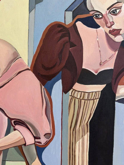Highly collectible original painting Between Rooms by Noemi Safir, exploring women, emotional figurative art, quiet distance and contemporary symbolic painting.