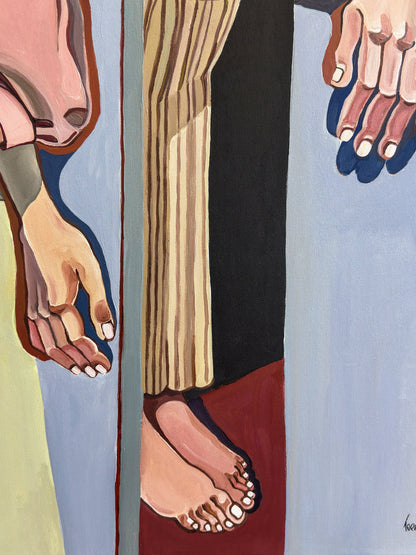 Contemporary figurative art by Israeli artist Noemi Safir titled Between Rooms, created for collectors drawn to women in art, emotional storytelling and beauty with meaning.