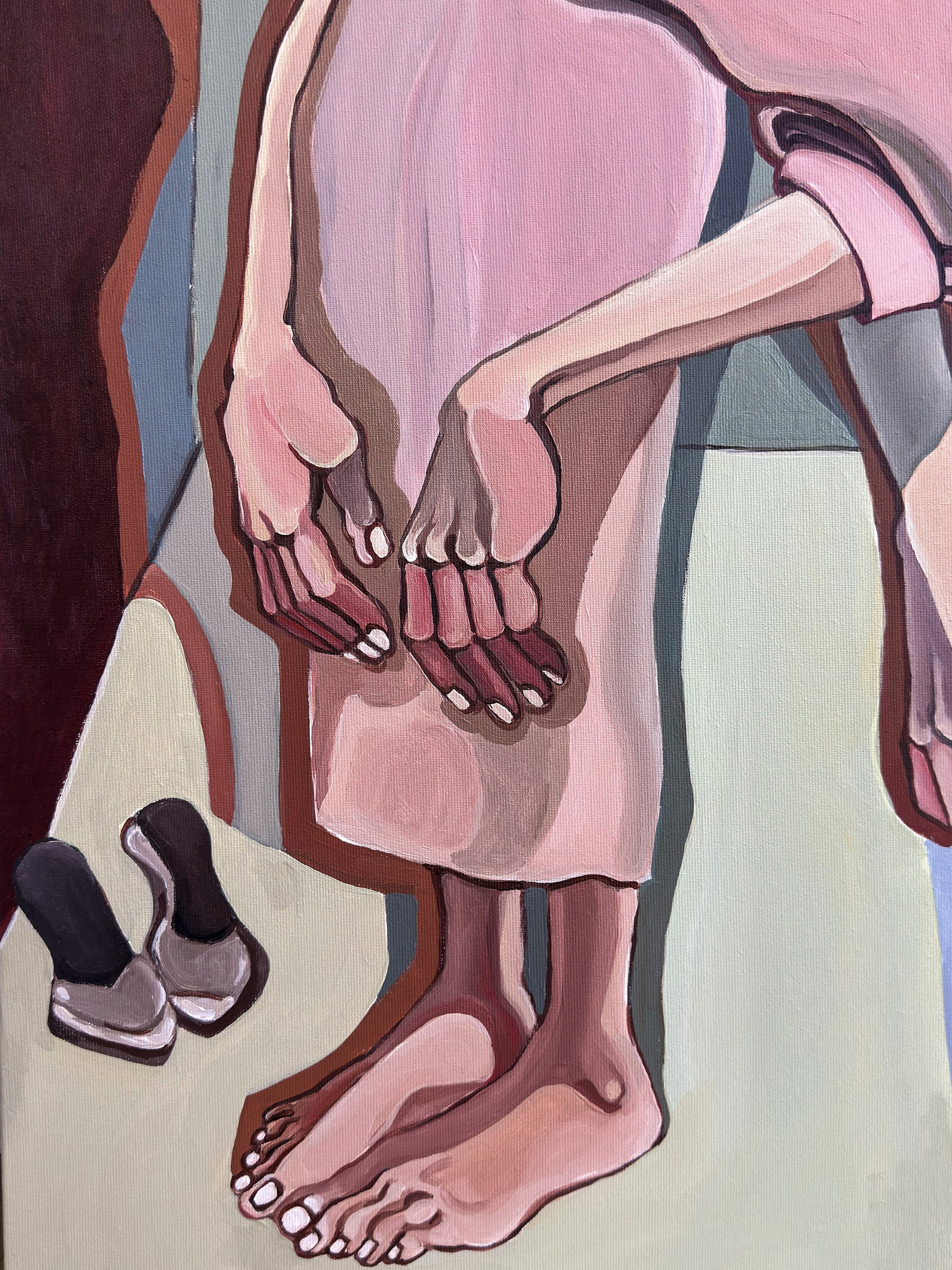 Noemi Safir original painting Between Rooms, 100 × 80 cm, created in 2026 as part of Drama Looks Good on Us with two female figures, a blue doorway and abandoned shoes.