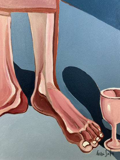 After Everyone Left original acrylic on canvas by Noemi Safir, a symbolic figurative painting about domestic aftermath, emotional labor and psychological presence.