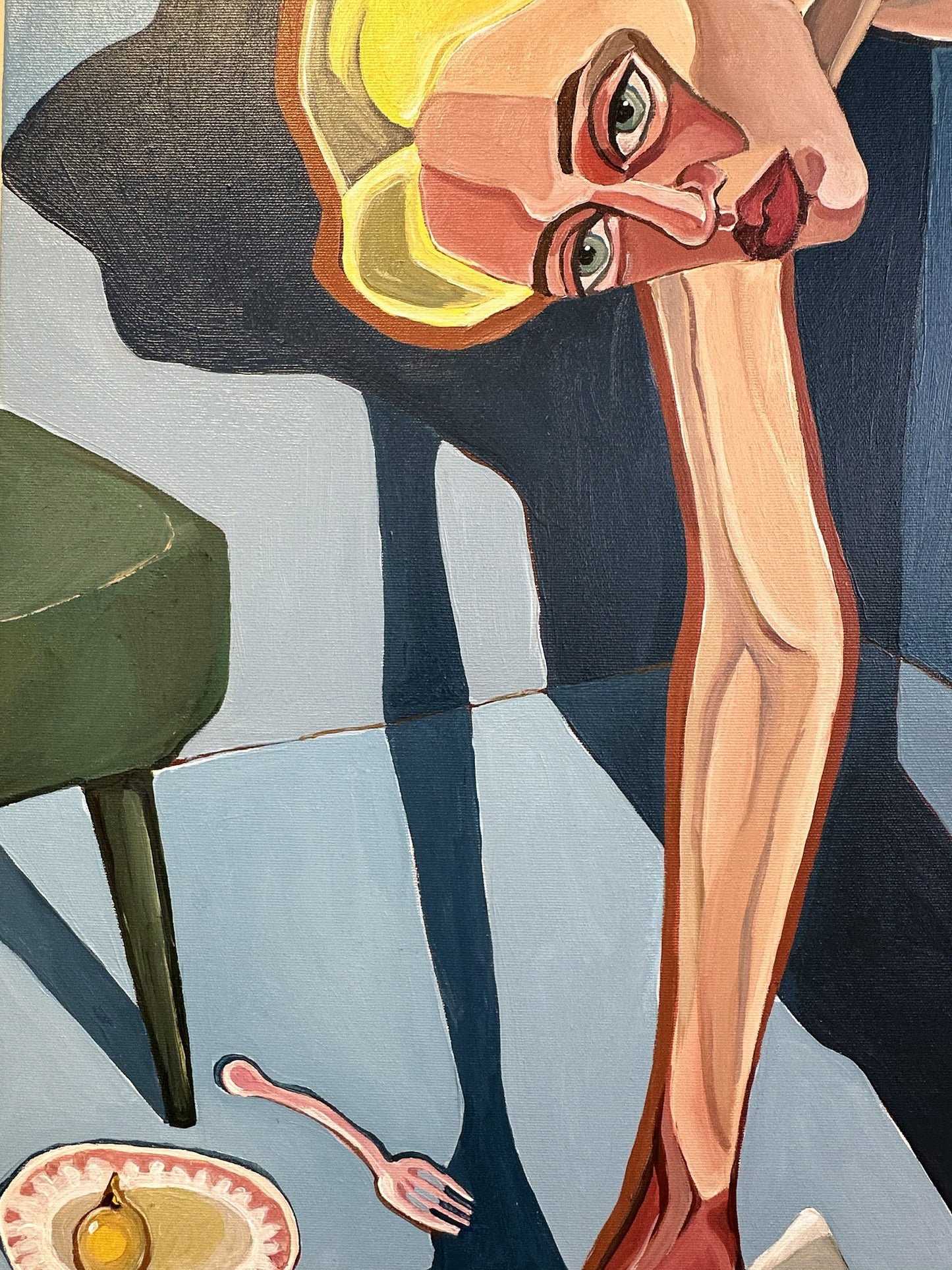 Noemi Safir contemporary figurative painting After Everyone Left, showing a woman gathering objects from a table with plates, glasses, fruit and flowers.