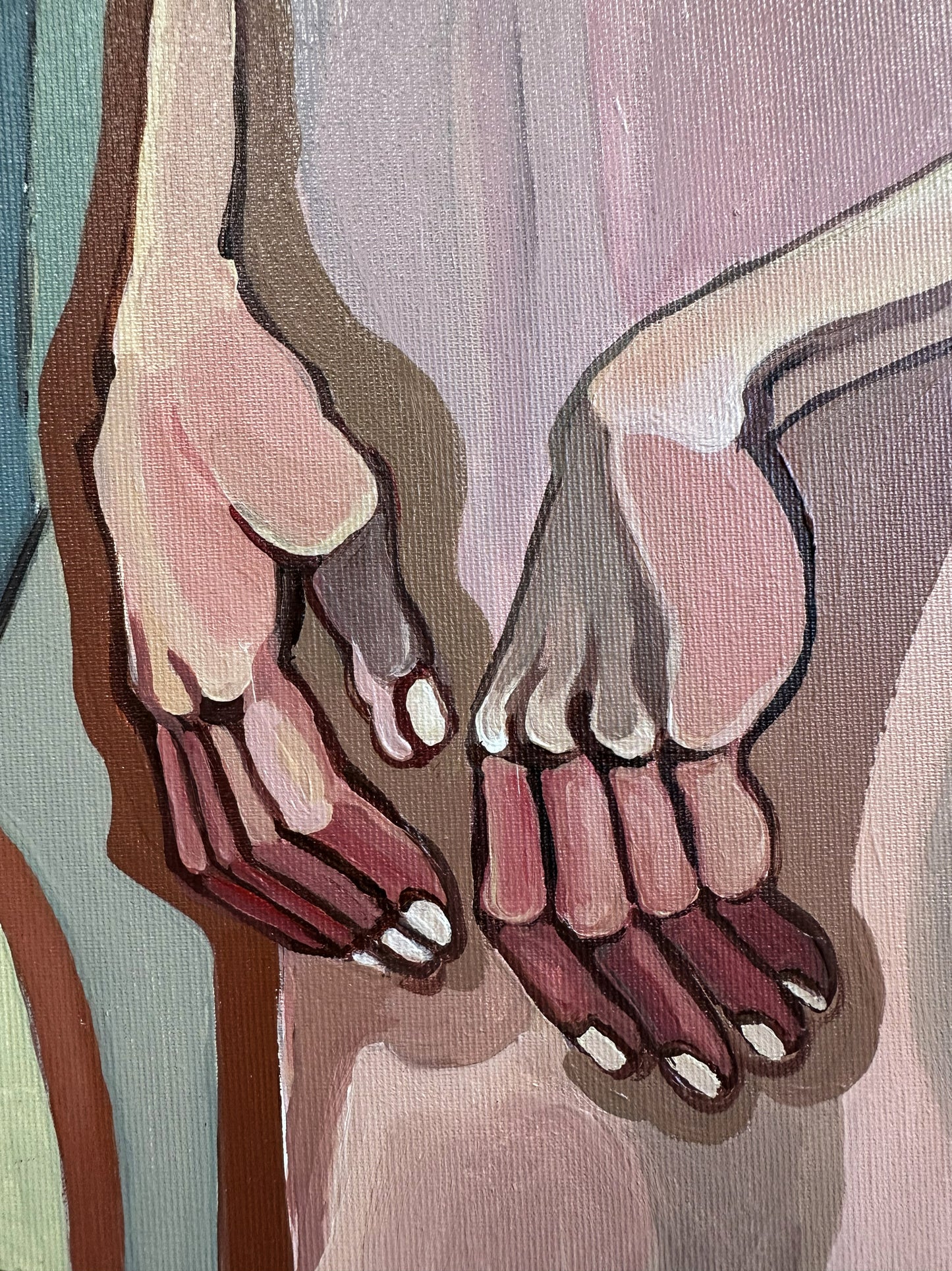 Between Rooms original acrylic on canvas by Noemi Safir, a symbolic figurative painting about interior space, hesitation, emotional distance and psychological presence.