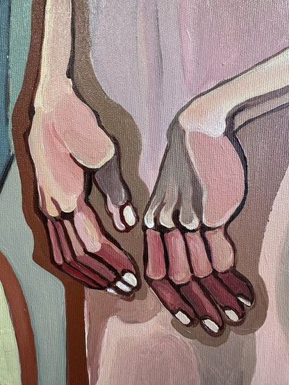 Between Rooms original acrylic on canvas by Noemi Safir, a symbolic figurative painting about interior space, hesitation, emotional distance and psychological presence.