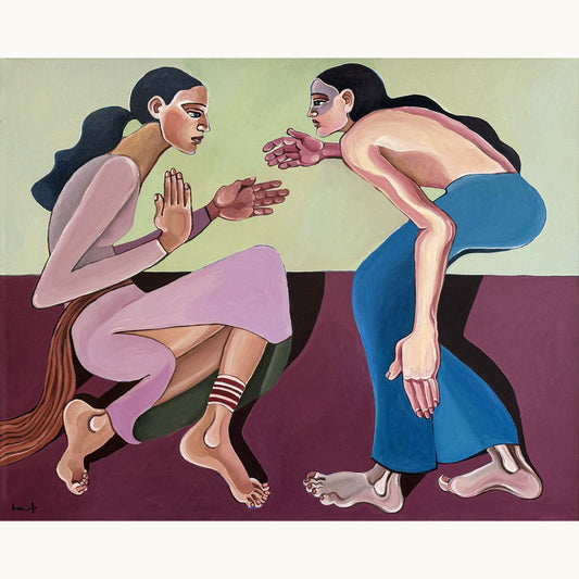 Noemi Safir A Silent Confession original acrylic painting on canvas, a highly collectible contemporary figurative artwork about women, intimacy, emotional tension and beauty with meaning.
