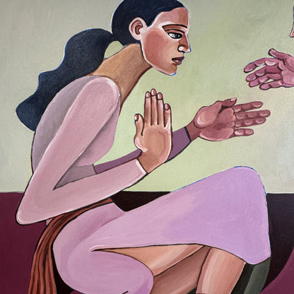 A Silent Confession original acrylic on canvas by Noemi Safir, a symbolic figurative painting about women, guarded gestures, psychological intimacy and emotional presence.