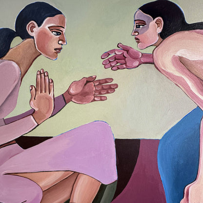 A Silent Confession by Noemi Safir, original painting from Drama Looks Good on Us, featuring two women in a tense intimate exchange filled with silence and psychological pressure.
