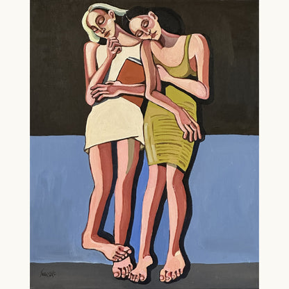 Noemi Safir Soft Addiction original acrylic painting on canvas, a highly collectible contemporary figurative artwork about feminine intimacy, tenderness, emotional dependency, and beauty with meaning.