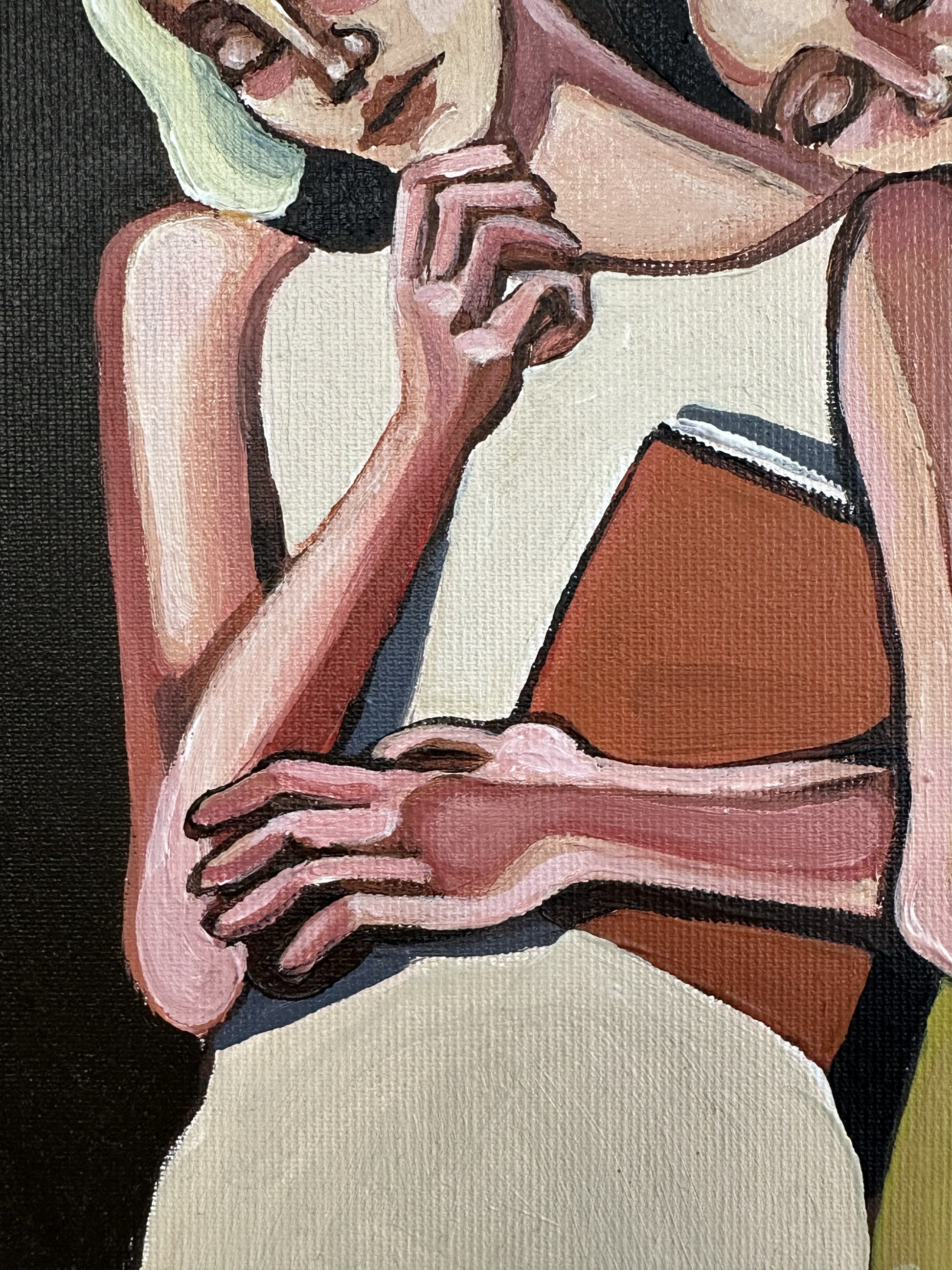 Contemporary figurative art by Israeli artist Noemi Safir titled Soft Addiction, created for collectors drawn to emotional storytelling, symbolic figures, and beauty with meaning.