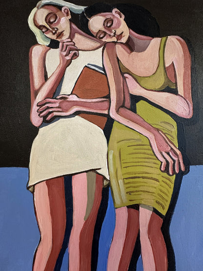 Noemi Safir contemporary figurative painting Soft Addiction, featuring elongated female figures, soft closeness, symbolic body language, and the emotional blur between comfort and need.