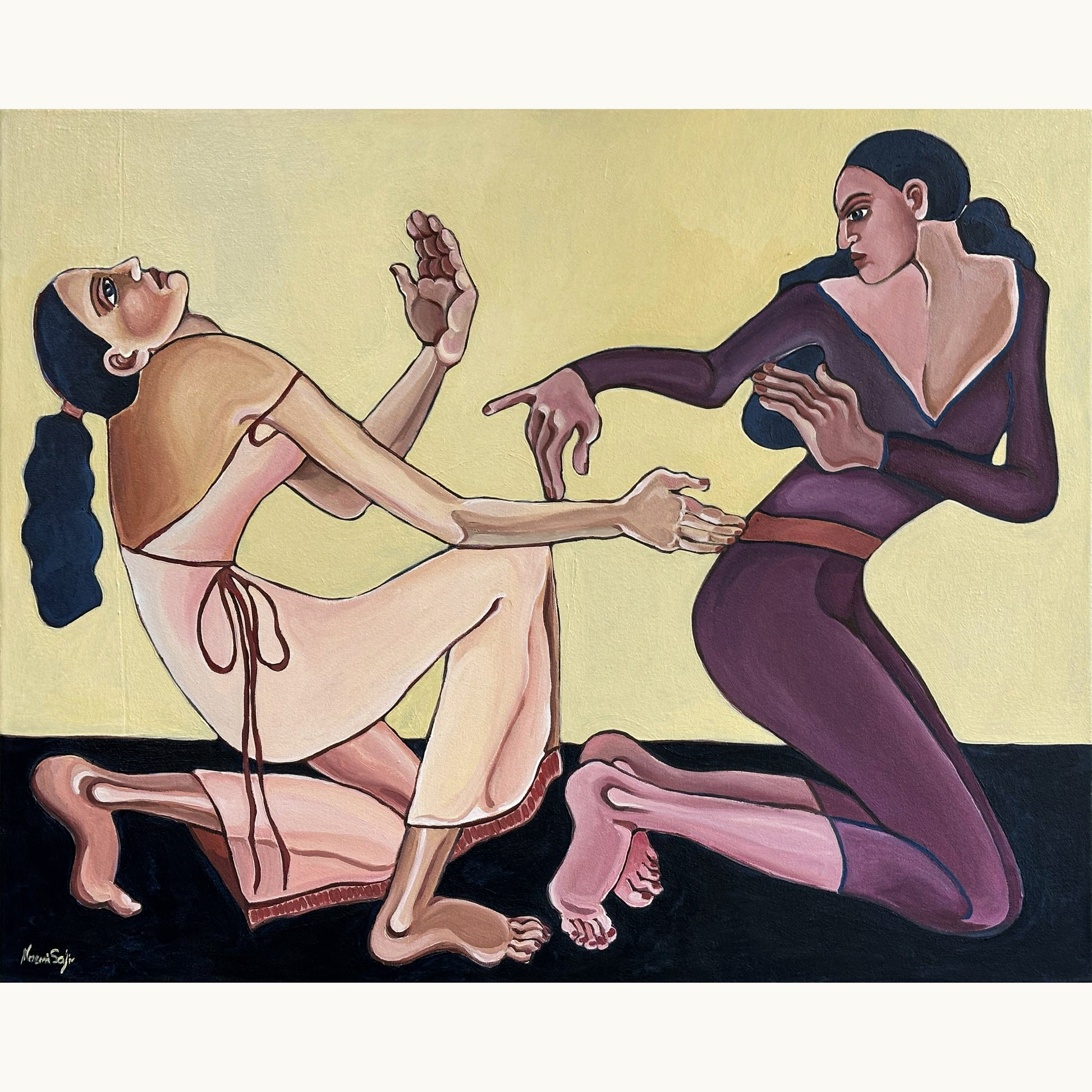 Original figurative painting by Noemi Safir titled Velvet Tension, 80 x 100 cm, showing two elongated women in a charged moment of intimacy and resistance.