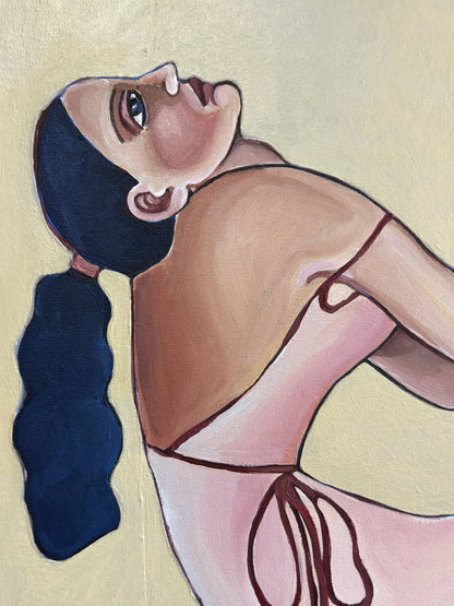 Detail of Velvet Tension by Noemi Safir, showing a seated female figure in deep burgundy tones with a guarded posture and quiet psychological tension.